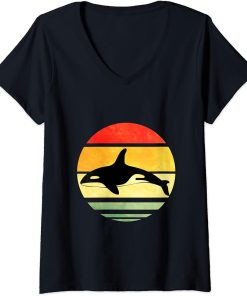 Womens Orca Lovers Design Retro Gifts of Dolphins in 80s Style V-Neck T-Shirt