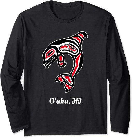 Native O"ahu Hawaii Red Orca Killer Whale Long Sleeve T-Shirt