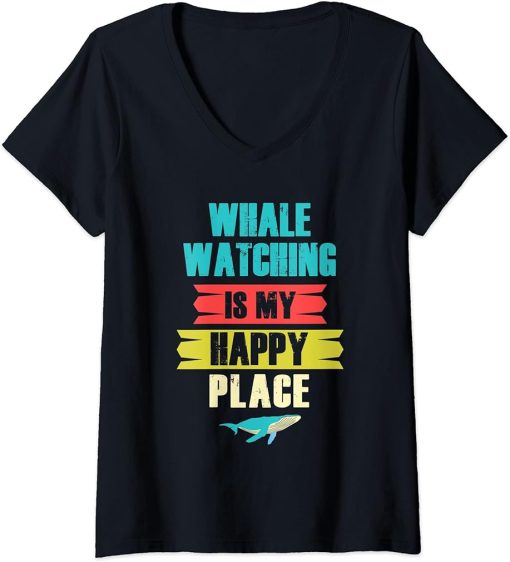 Womens Funny Whale Watching Happy Sailing Marine Biology Orca V-Neck T-Shirt