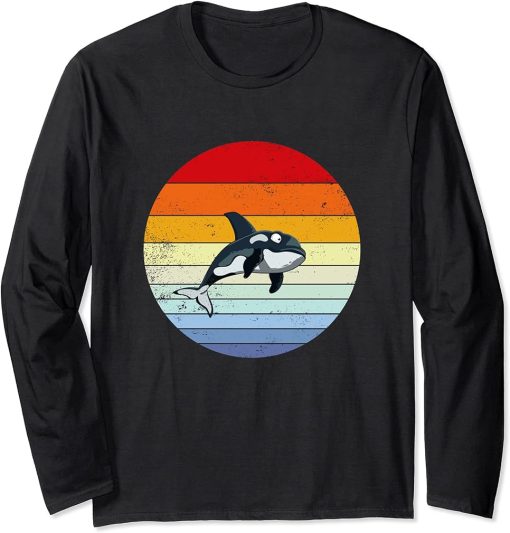 Distressed Orca Sunset Retro Style Vintage Killer Whale Long Sleeve T-Shirt